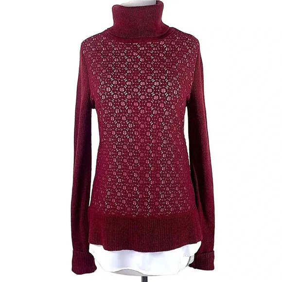 SIMPLY VERA Vera Wang Mock Layer Shirt Turtle Neck Laced Sweater Size M Burgundy - Picture 1 of 14